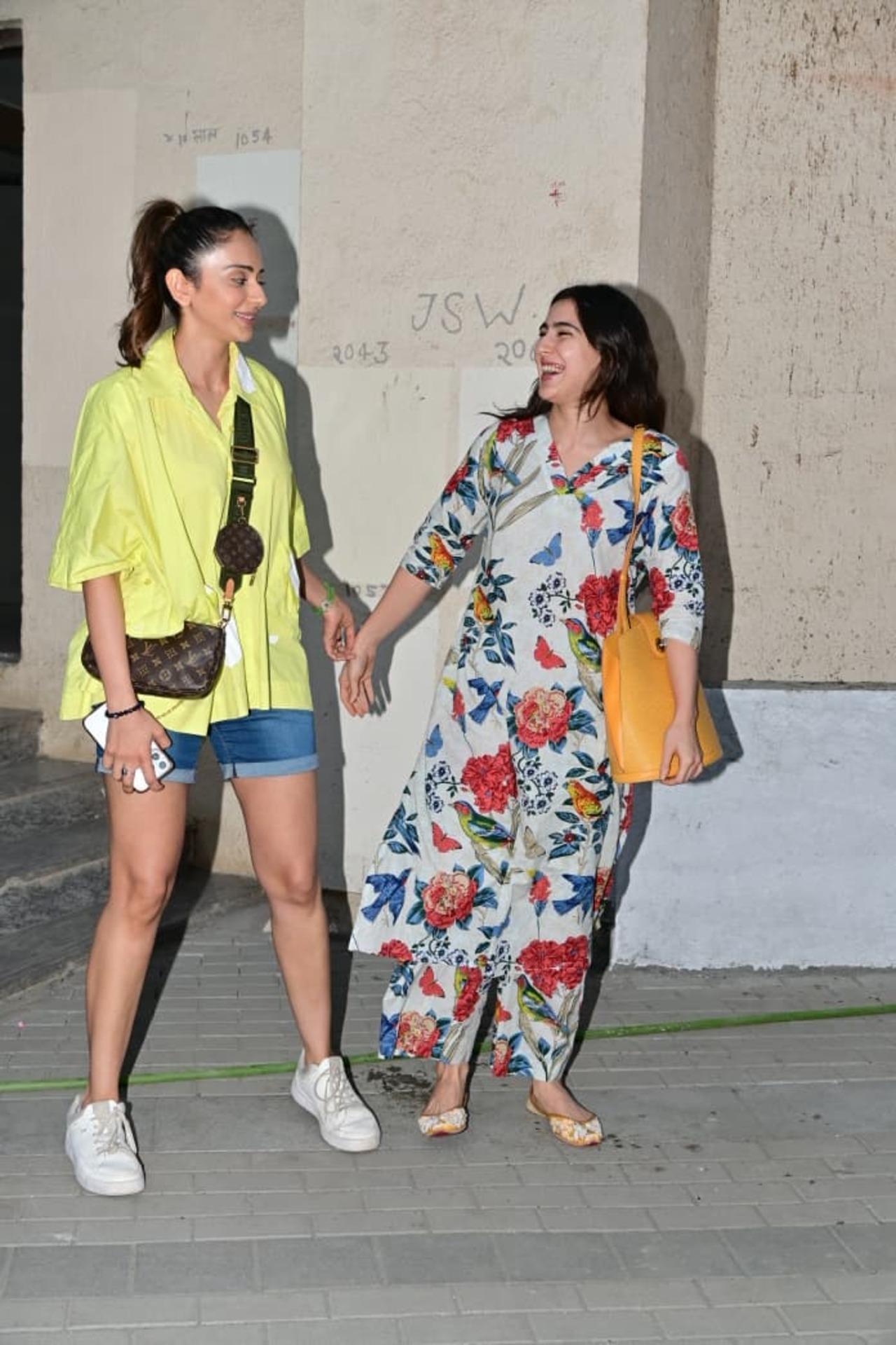 Rakul Preet Singh and Sara Ali Khan were spotted together at a cinema hall in the city.